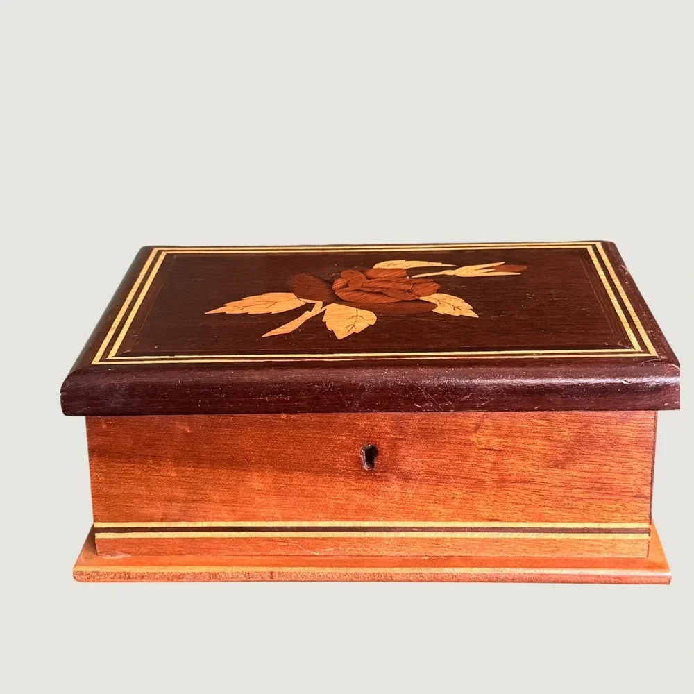Vintage Brazilian Marquetry Wood Jewelry Box Rose Inlay Velvet Lined